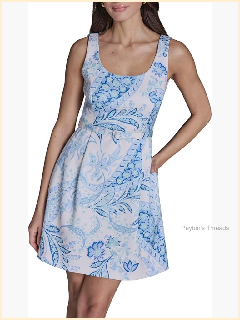 Cap Sleeve U-Neck Belted A-Line Dress With Zipper Closure